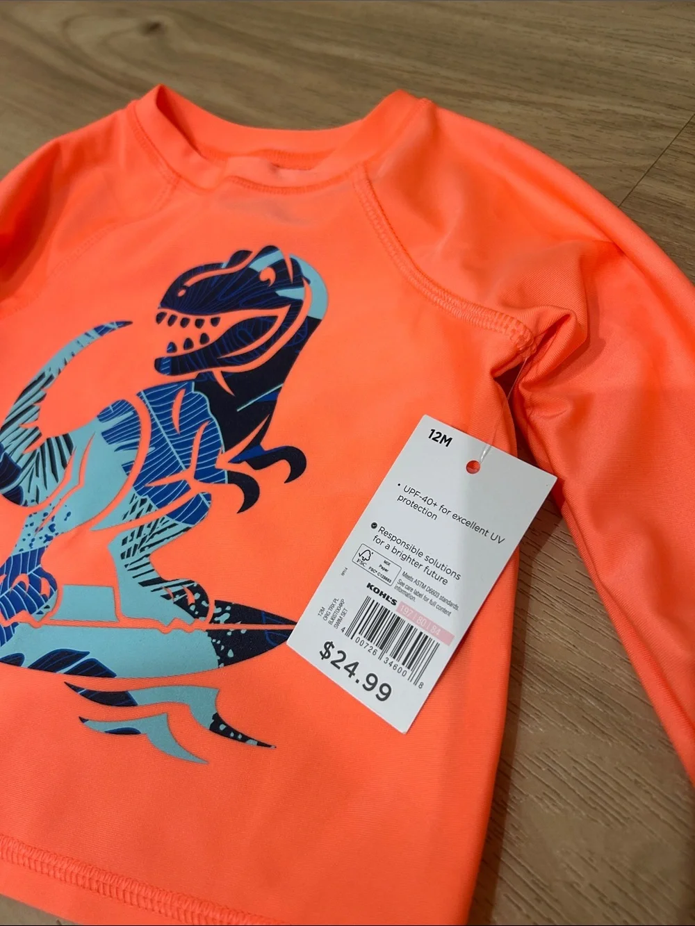 jumping beans Neon Orange Long Sleeve Rashguard with Blue Surfing Dinosaur